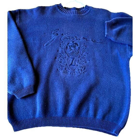 Vintage 80s Z Cavaricci Mens Knit Sweater Fisherman Embroidered Monogram Crest L - Picture 1 of 11